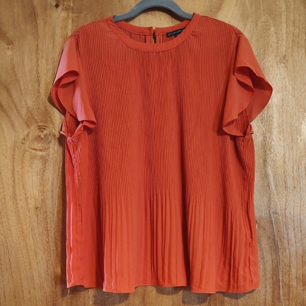 Adrianna Papell Pleated Flutter Sleeve Blouse Salmon Relaxed Fit Flowy Girly XL